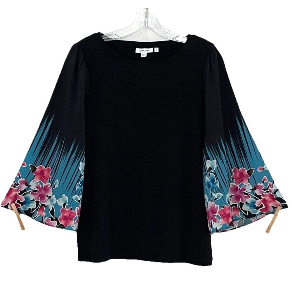 Chicos Womens Blouse M/1 Black Floral 3/4 Bell Sleeve Pullover Comfort Stretch - Picture 4 of 6